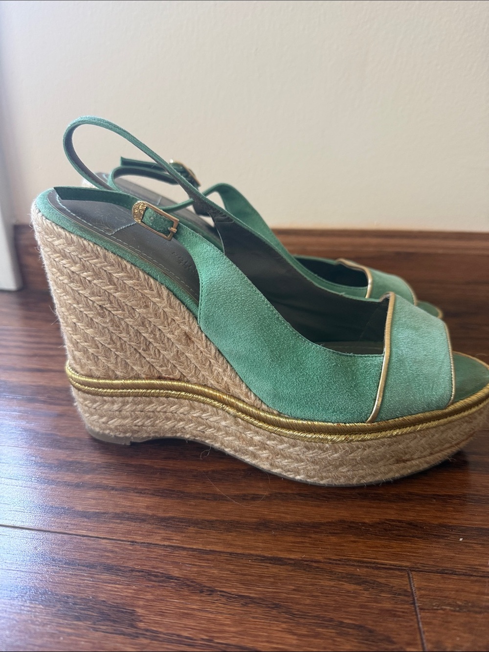 Versace Collection Suede mint wedges w gold trim